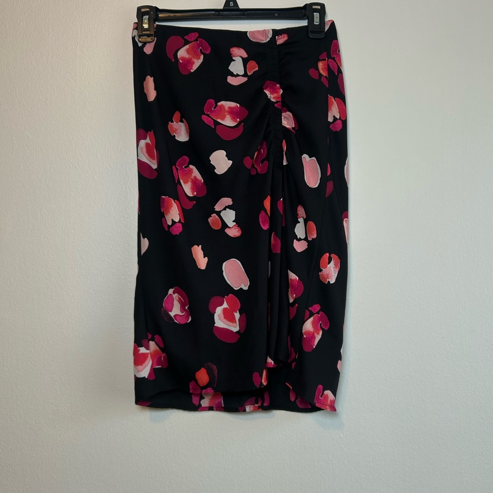 CAbi Black and Pink Floral Midi Skirt